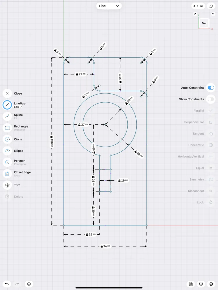 Dimensioned CAD drawing of the charger cutout