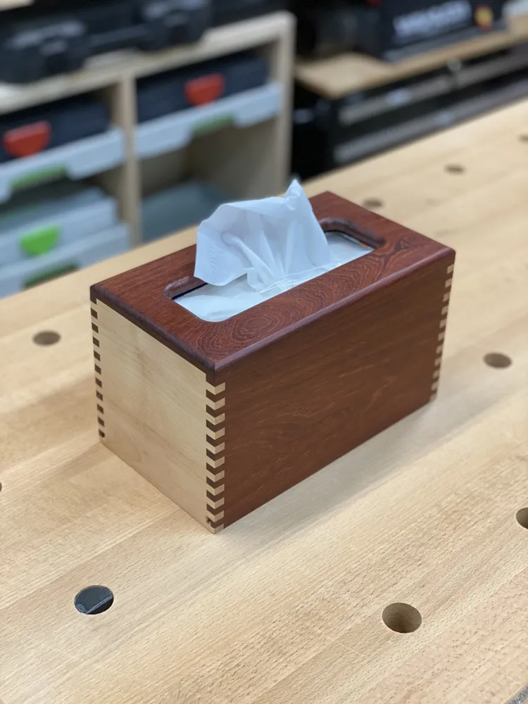 Bubinga and maple rectangular tissue box with box-jointed corners