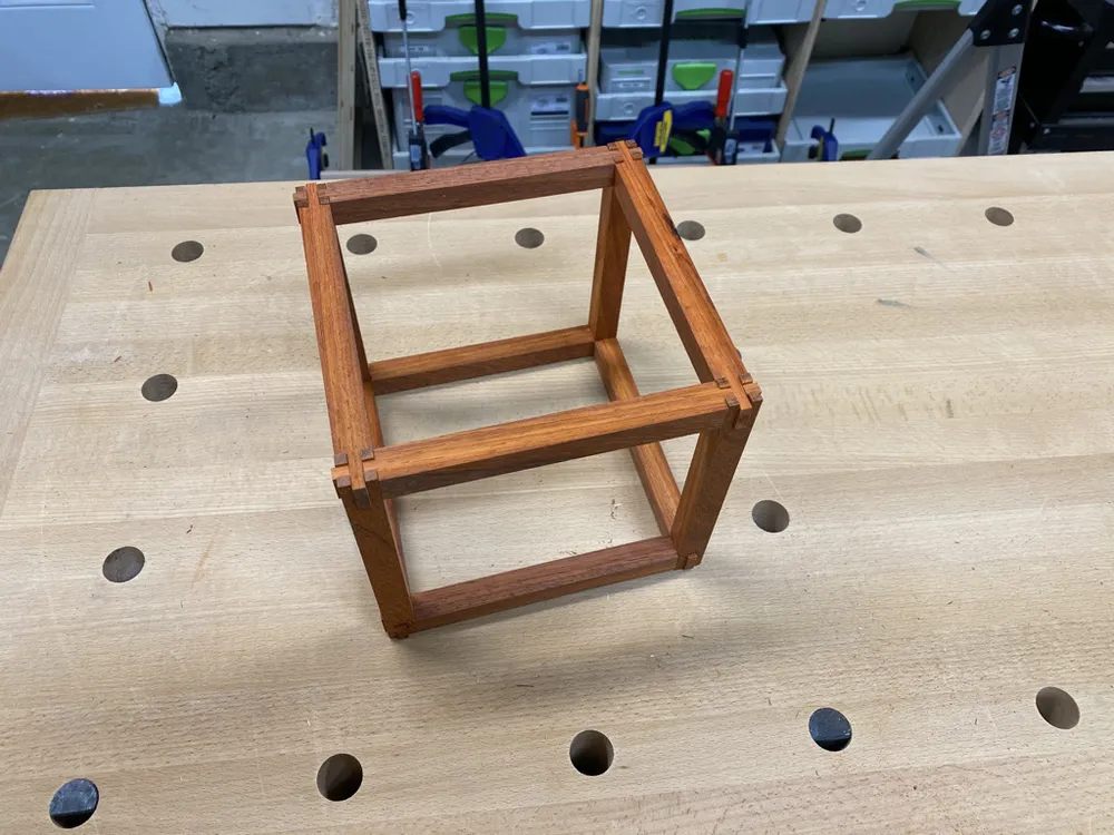 The padauk frame skeleton during glue-up